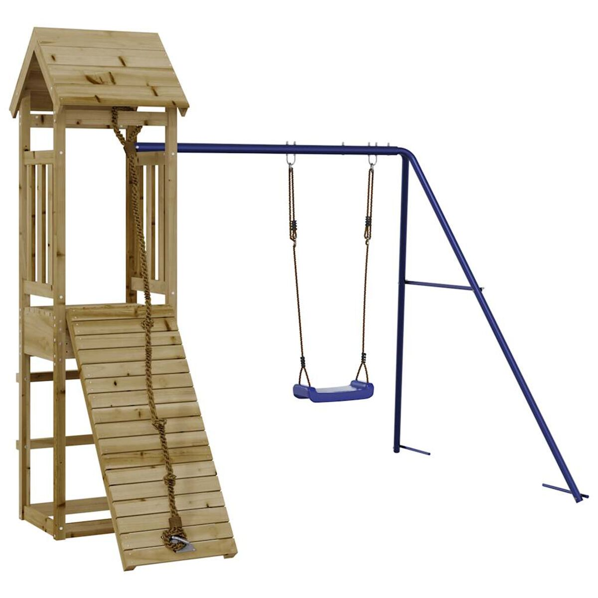 Holzspielplatz mit Rutsche, Kletterwand und Schaukeln, blau und braun.
