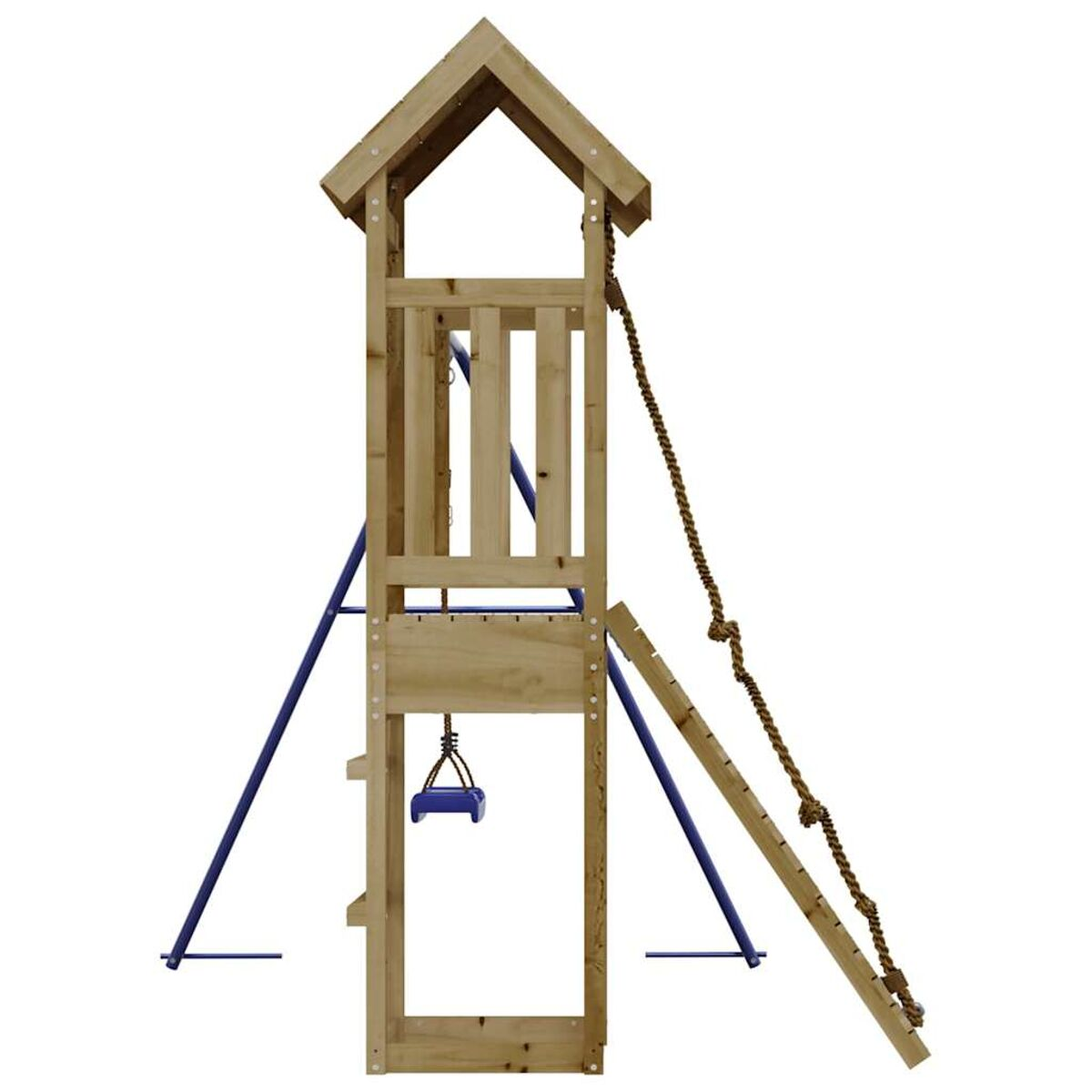 Spielplatz aus Holz mit Turm, Leiter, Rutsche und Seil. Blaue Stützbalken.