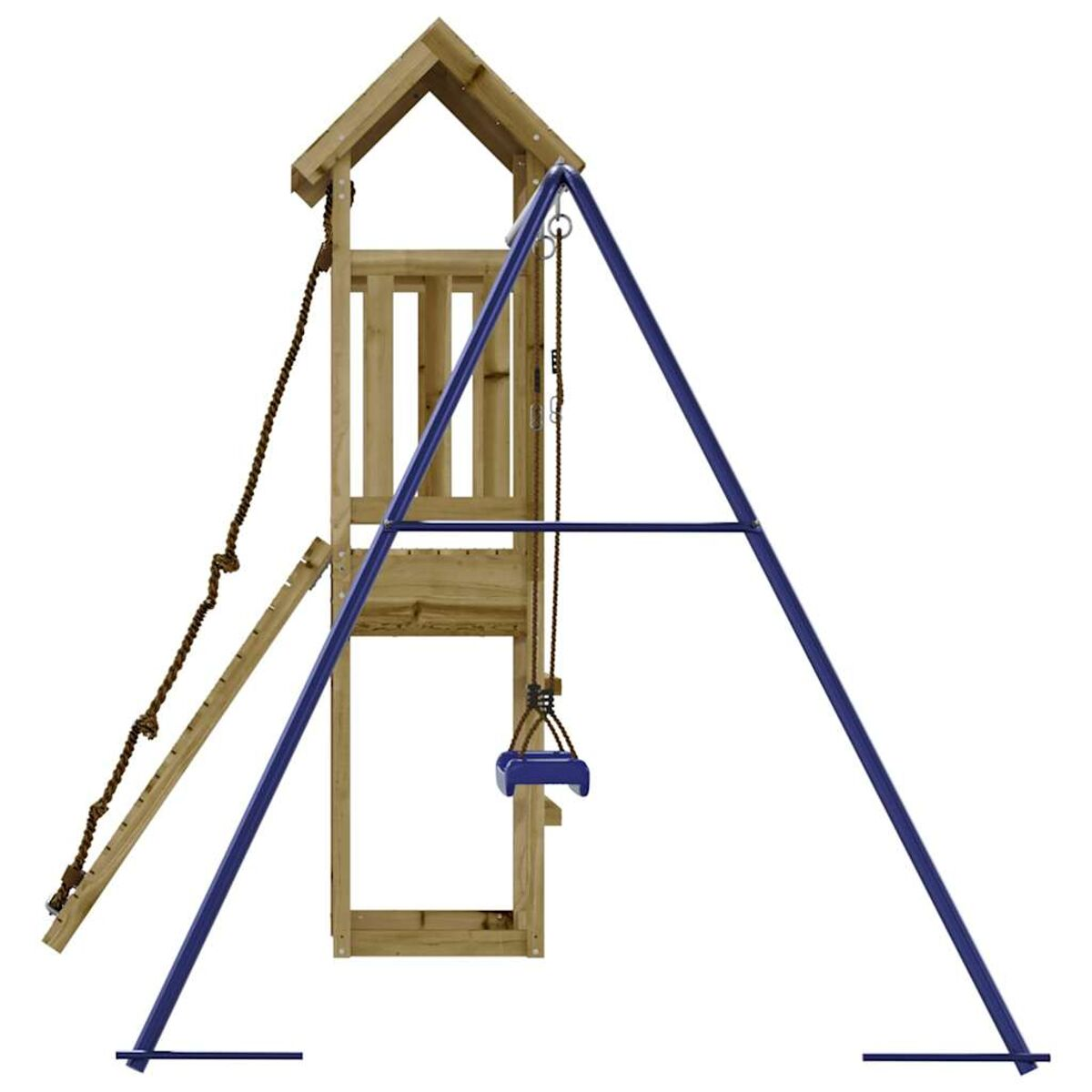 Holzspielplatz mit Schaukel und Rutsche. Blauer Schaukelsitz und Leiter.