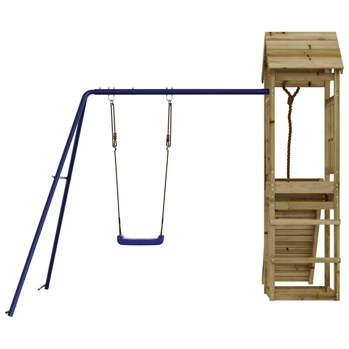 Schaukelgerüst aus Holz mit blauer Schaukel und Holzspielhaus. Blauer Metallrahmen. Weißer Hintergrund.