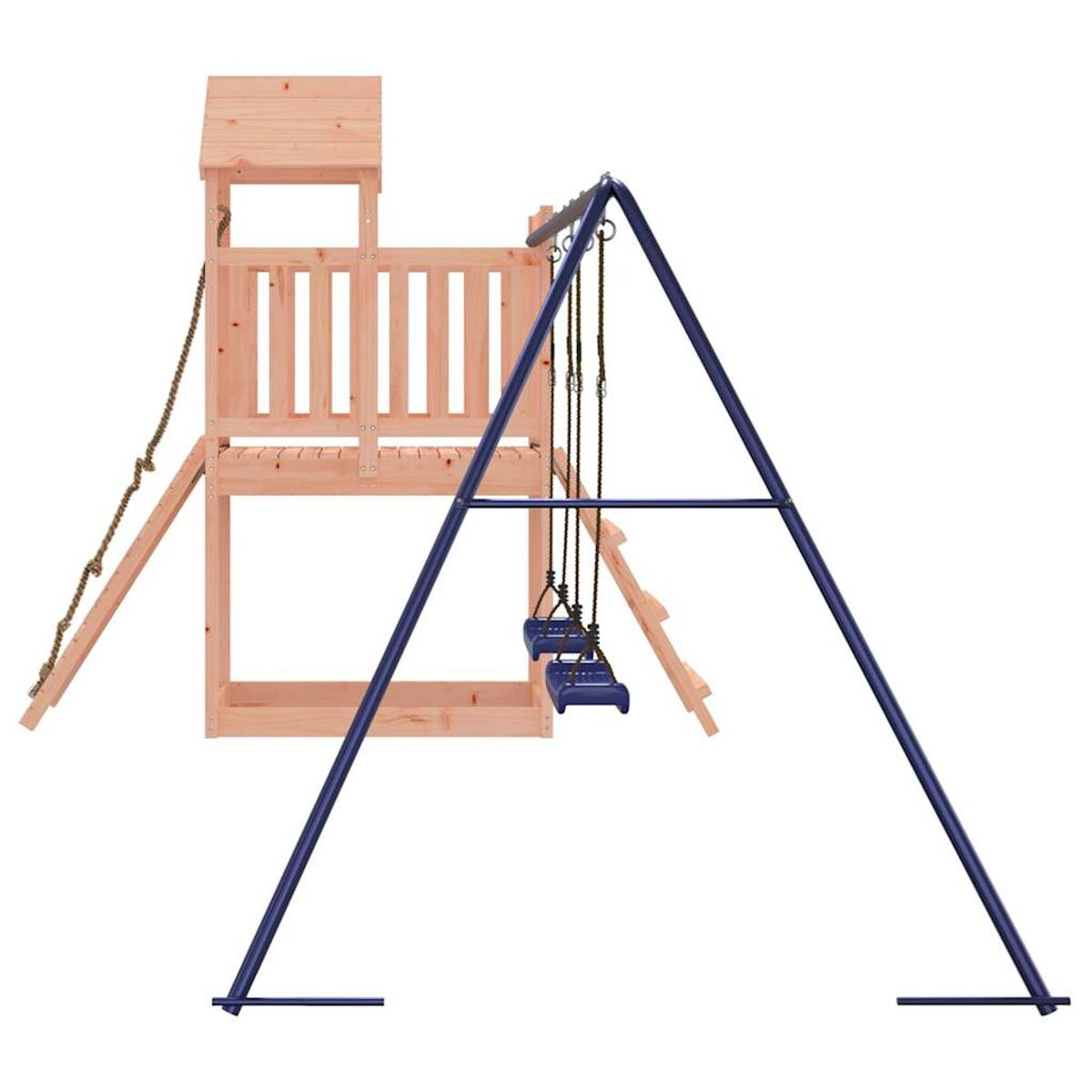 Spielplatz aus Holz mit Rutsche, Leiter und Schaukeln. Dunkelblauer Rahmen. Hellbraunes Holz.