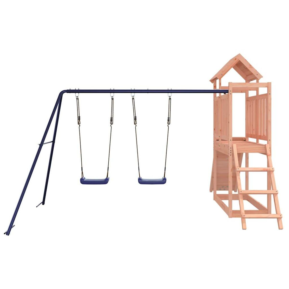Spielplatz aus Holz mit Schaukeln und einer Leiter, blau und braun.