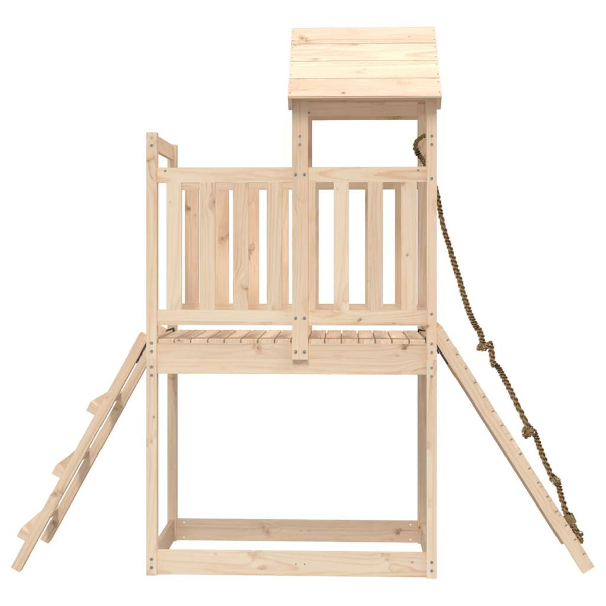 Spielplatz aus Holz mit Leiter und Strickleiter, vor weißem Hintergrund.
