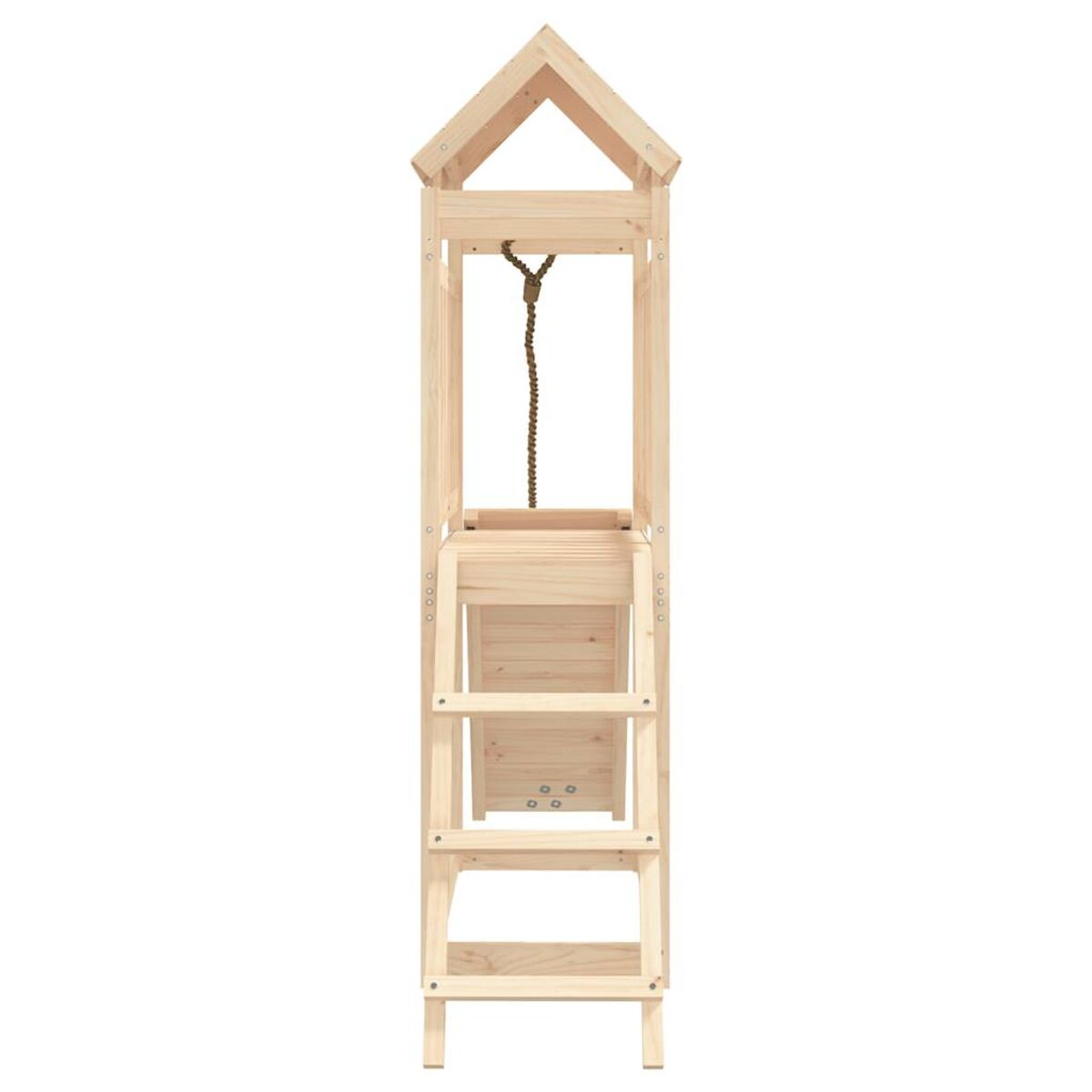 Spielstruktur aus Holz mit Leiter, Seil und Dach. Die Struktur ist hoch und schmal.