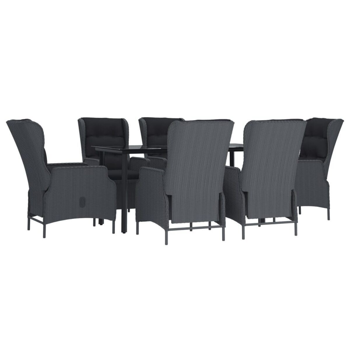 Dunkelgraues Ess-Set aus Korbgeflecht mit schwarzen Kissen.