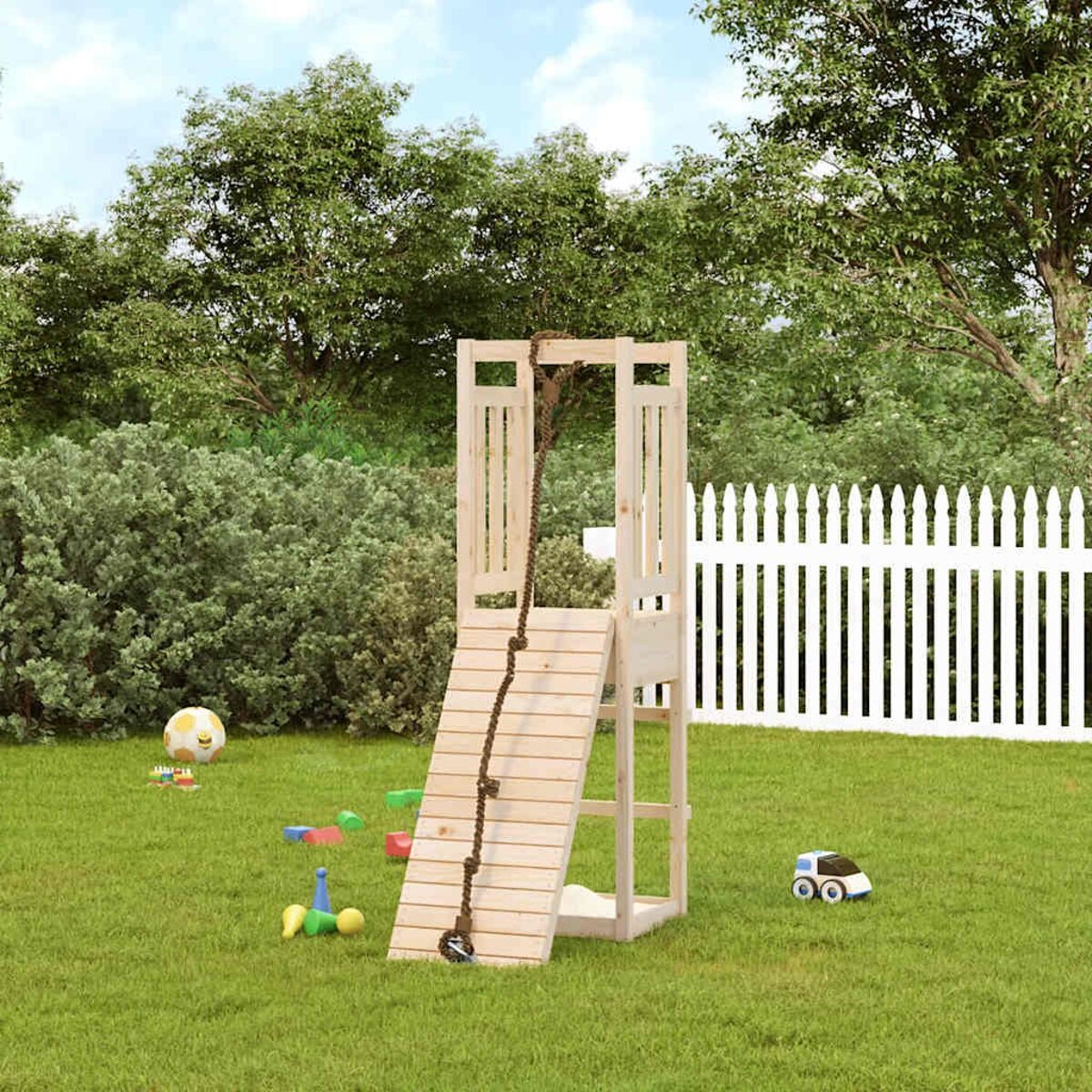 Spielgerüst aus Holz mit Rutsche und Seil. Ball und Spielzeugauto im Gras.