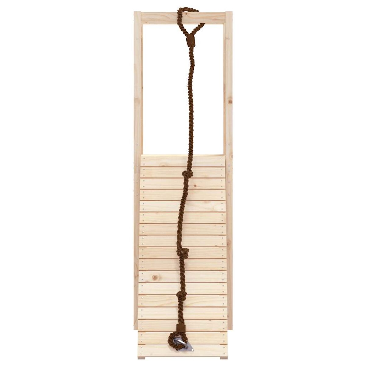 Holz-Kletterseil, das an einem Holzrahmen hängt.