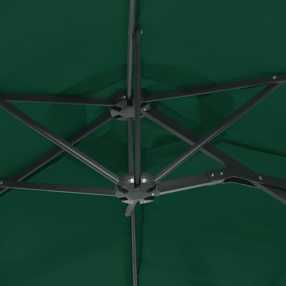 Dunkelgrüne Schirmspitze von unten, schwarze Rahmendetails.