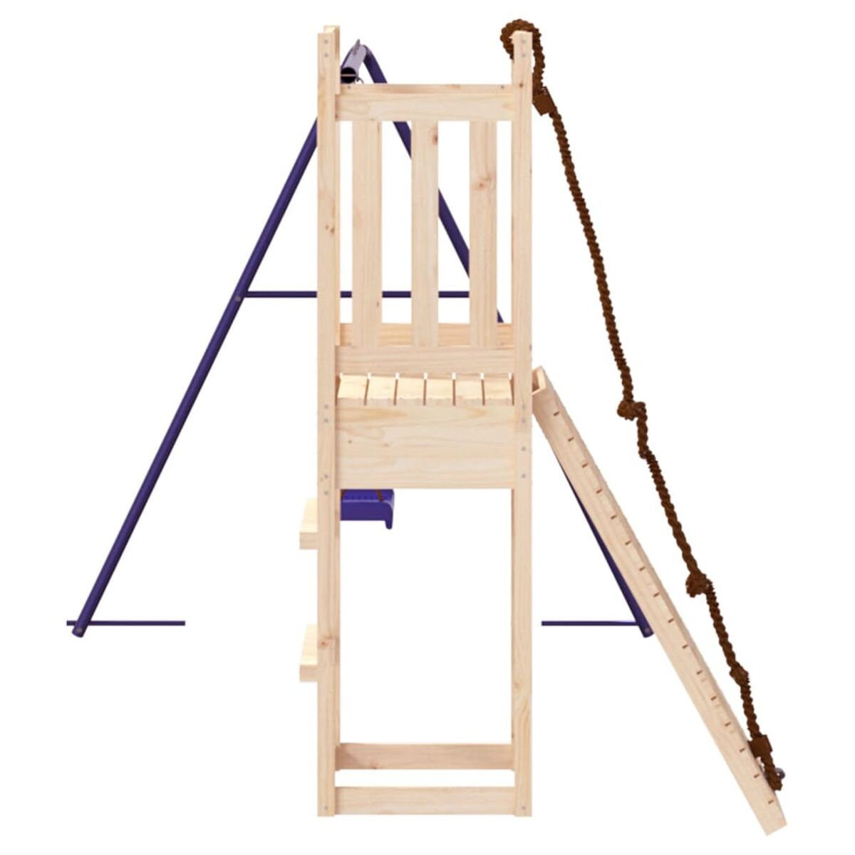 Spielplatz aus Holz mit Rutsche, Leiter und Seil. Blaue und helle Holzfarben.