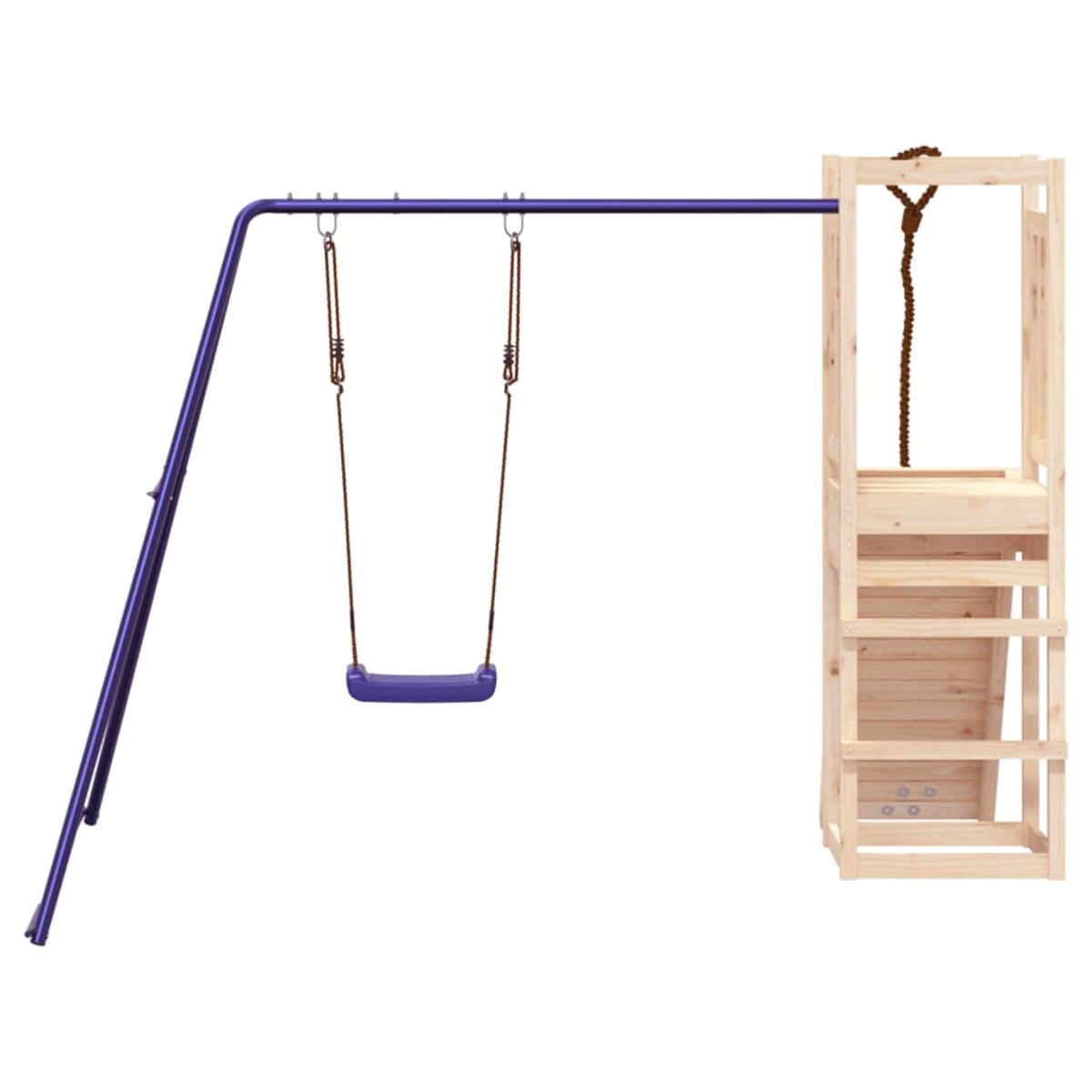 Schaukel mit lila Schaukel und Holz-Klettergerüst auf weißem Grund.