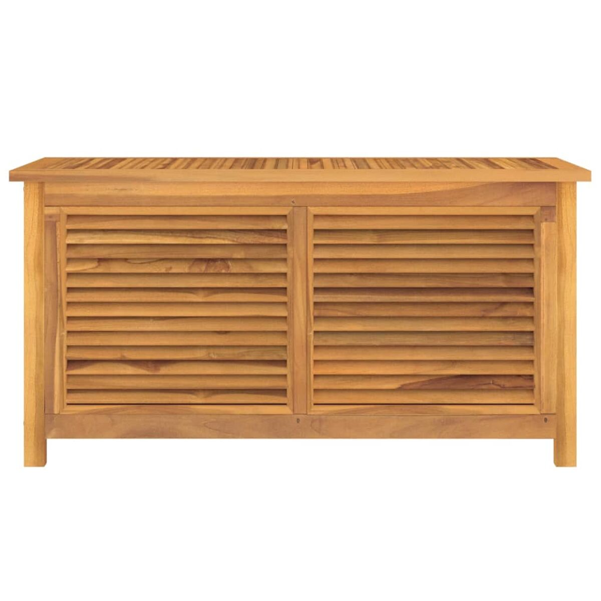 Holzschrank mit Lamellentüren. Der Schrank ist hellbraun.
