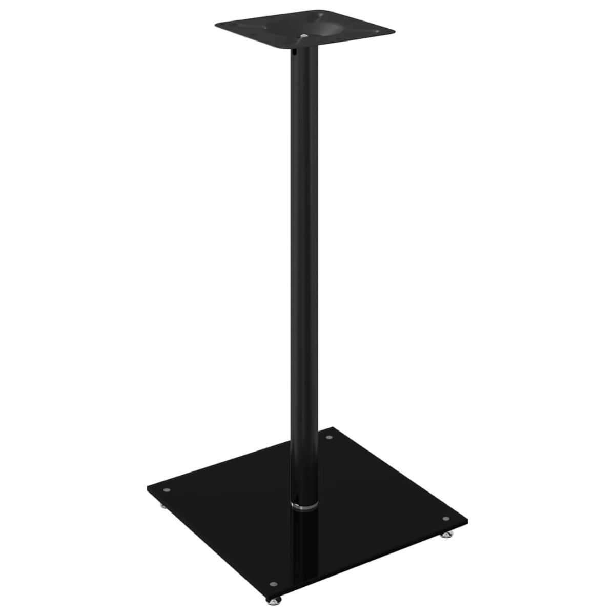 Ein schwarzer, quadratischer Standfuß mit einem hohen, zentralen Pfosten, für einen Tisch.