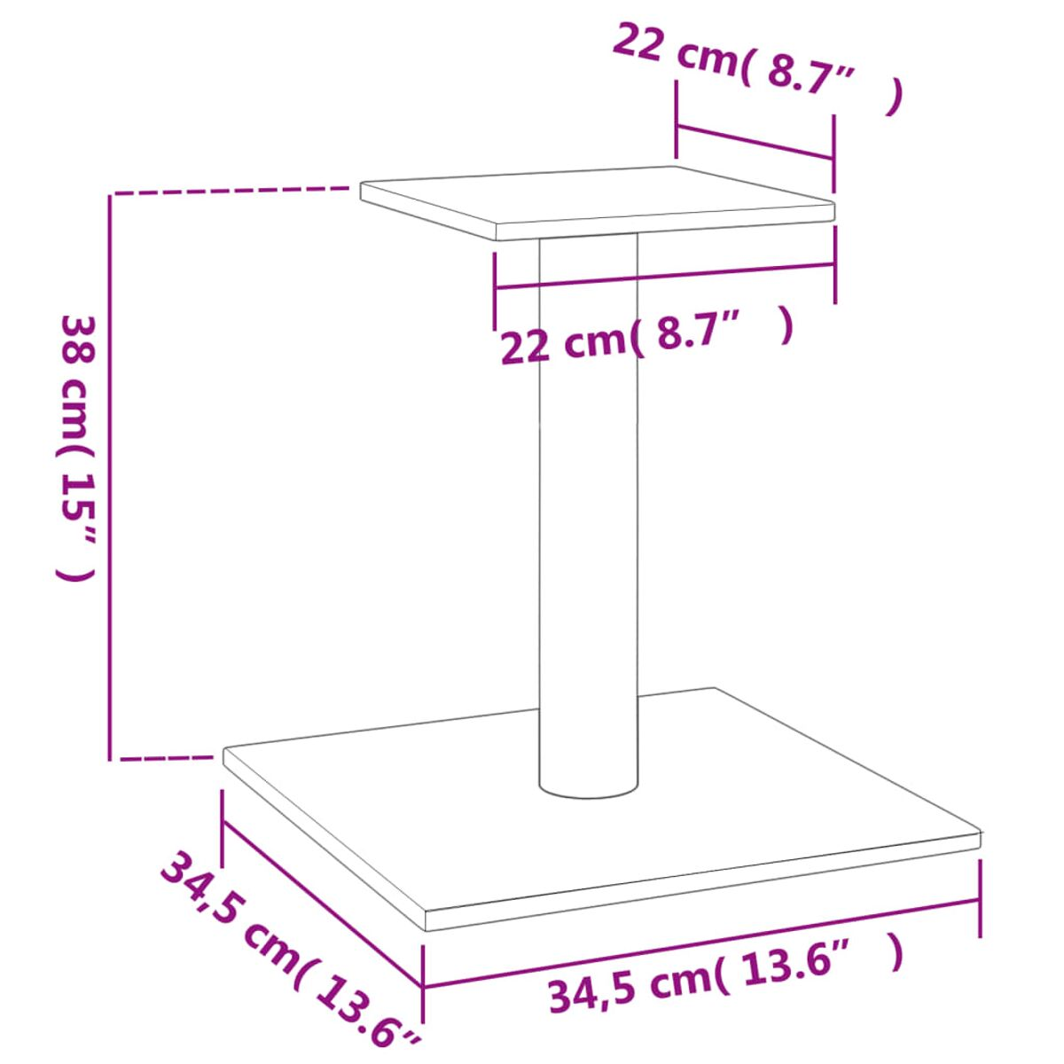 Weißer Beistelltisch mit Maßen. Quadratische Oberseite, zylindrischer Stiel und quadratische Basis. Diagramm.