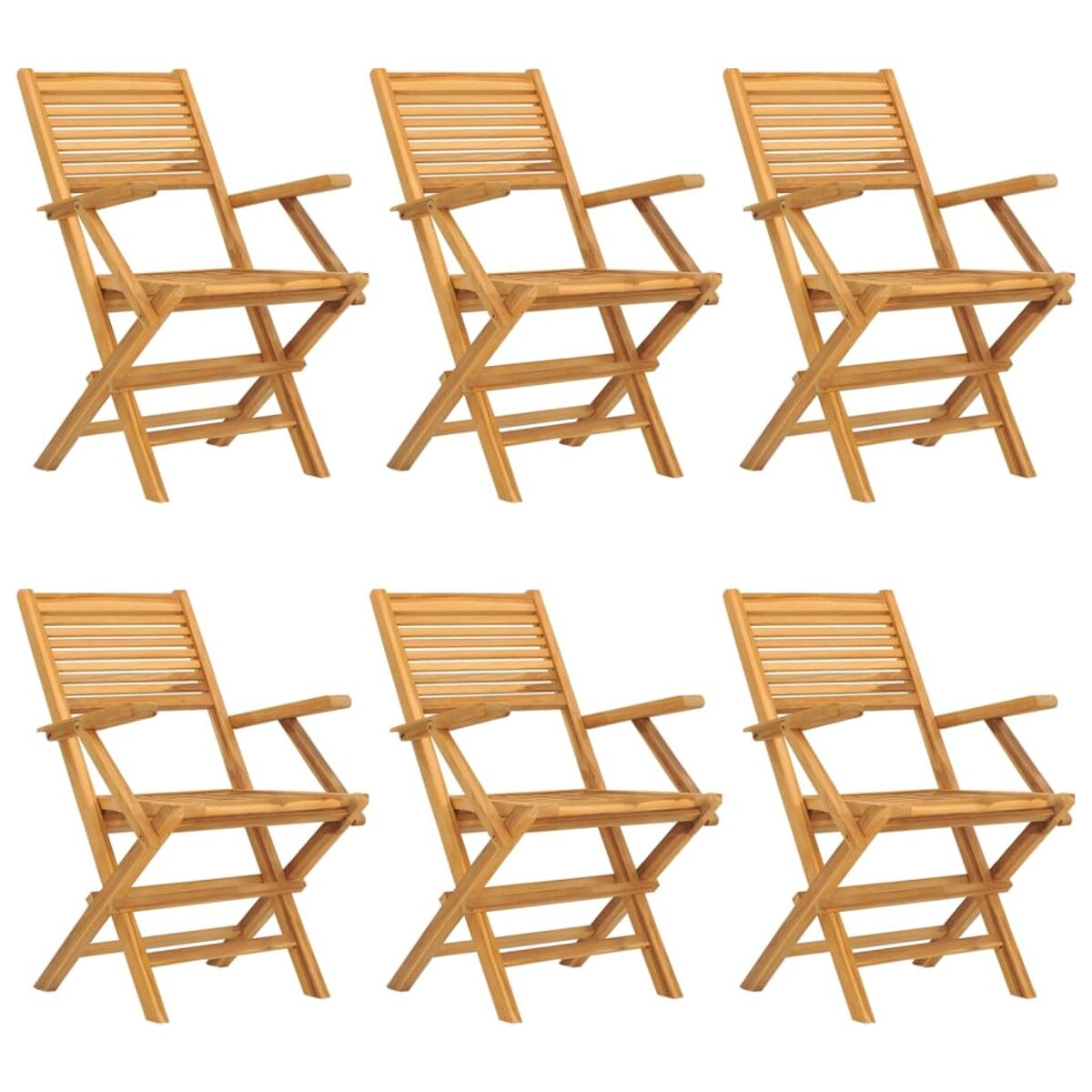 Sechs Holz-Klappstühle. Weißer Hintergrund.