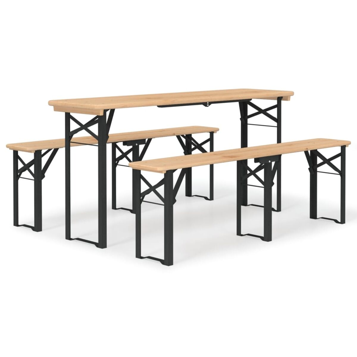 Holz-Picknicktische mit schwarzen Metallbeinen. Tisch und Bänke stehen nebeneinander.