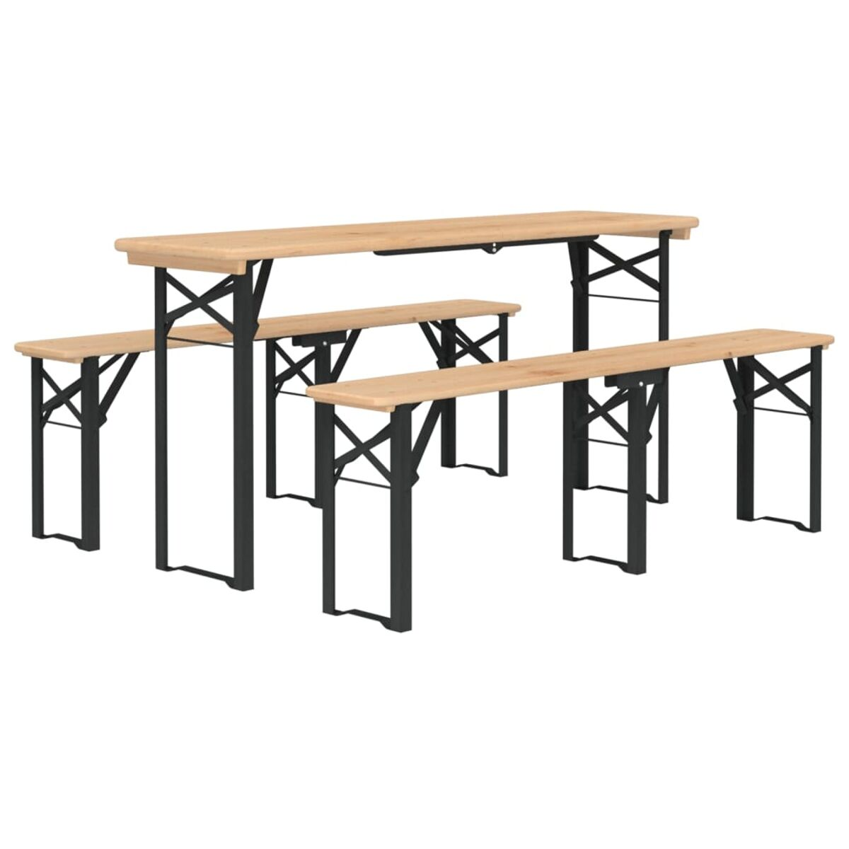 Holz-Picknicktisch-Set mit zwei Bänken. Der Tisch und die Bänke haben ein schwarzes Gestell.