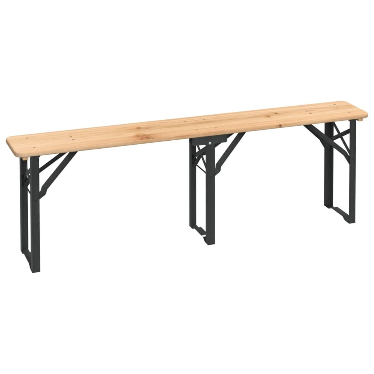 Lange Holzbank mit schwarzen Metallbeinen. Einfaches und robustes Design.