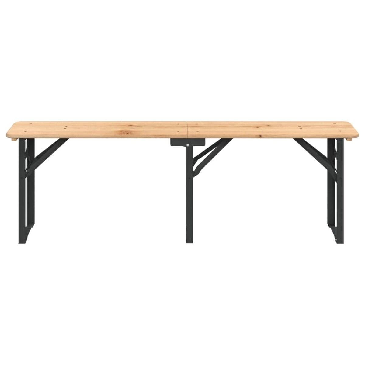 Klapptisch aus Holz mit schwarzen Metallbeinen, von oben gesehen. Helle Holzfarbe.