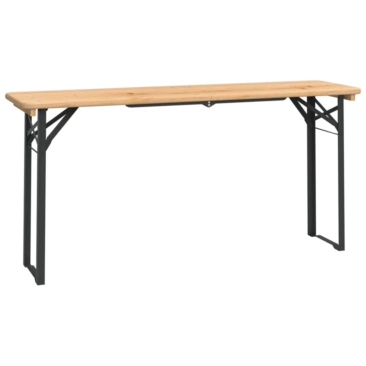 Langer, zusammenklappbarer Holztisch mit schwarzen Metallbeinen. Leere Oberfläche.