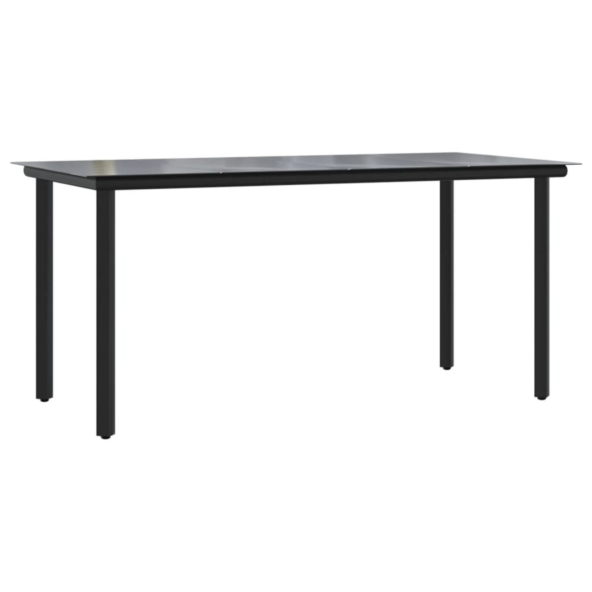 Ein schwarzer Tisch mit vier Beinen. Der Tisch ist rechteckig und hat ein schlankes Design.