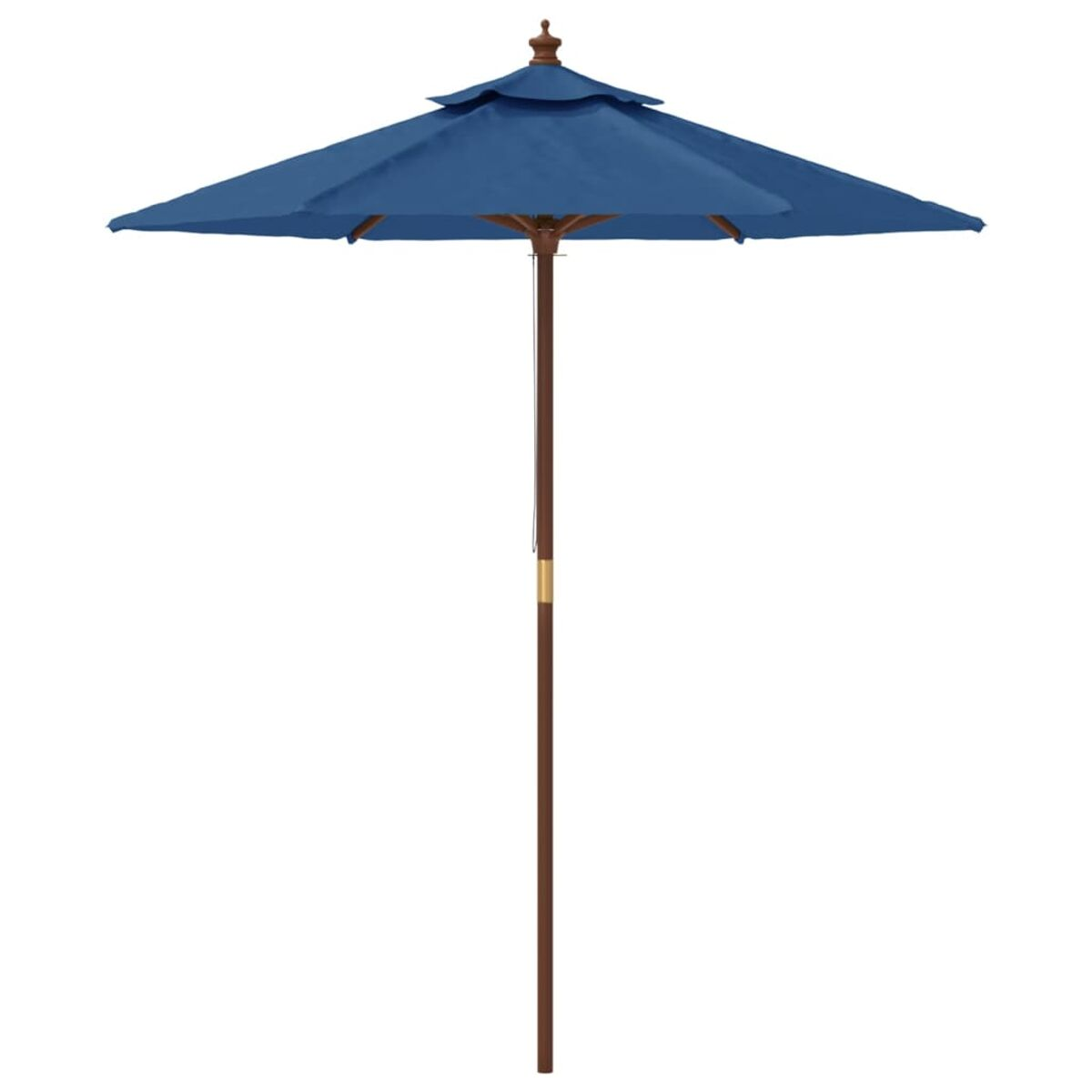 Ein blauer Sonnenschirm. Er hat einen Holzpfahl und ein einfaches Design.