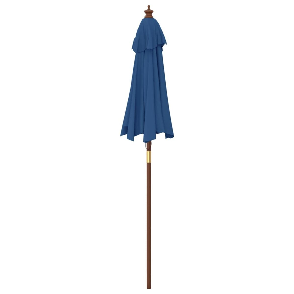 Ein geschlossener blauer Regenschirm mit Holzstange. Der Schirm steht senkrecht.
