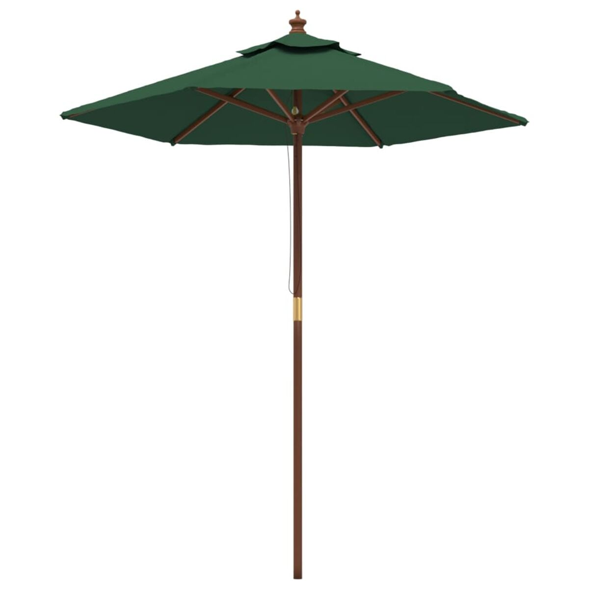 Grüner Sonnenschirm im Freien. Dunkelgrünes Verdeck, brauner Holzpfosten. Weißer Hintergrund, offen. Einfaches Design.