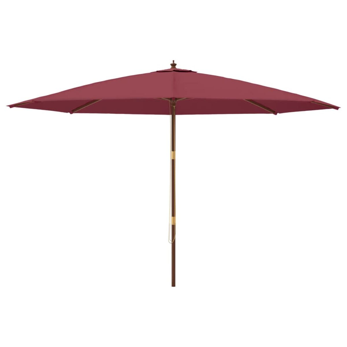 Roter Regenschirm mit Holzstiel. Der Schirm ist geöffnet und zeigt seine quadratische Form.
