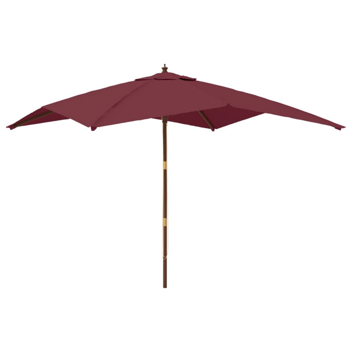 Bordeauxroter Sonnenschirm mit Holzstange und Baldachin vor weißem Hintergrund.