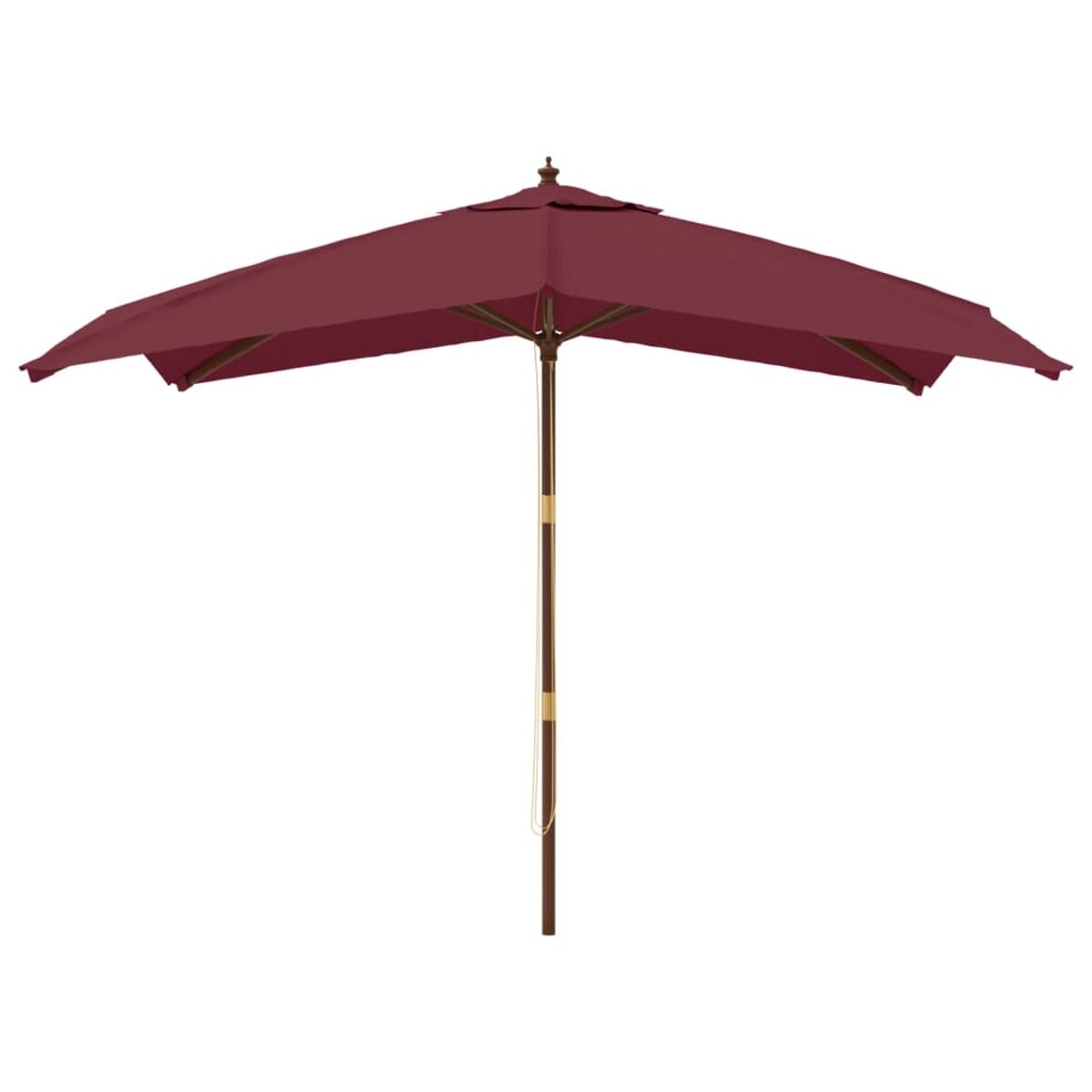 Offener weinroter Regenschirm mit Holzpfahl. Der Schirm ist quadratisch mit offenem Design.