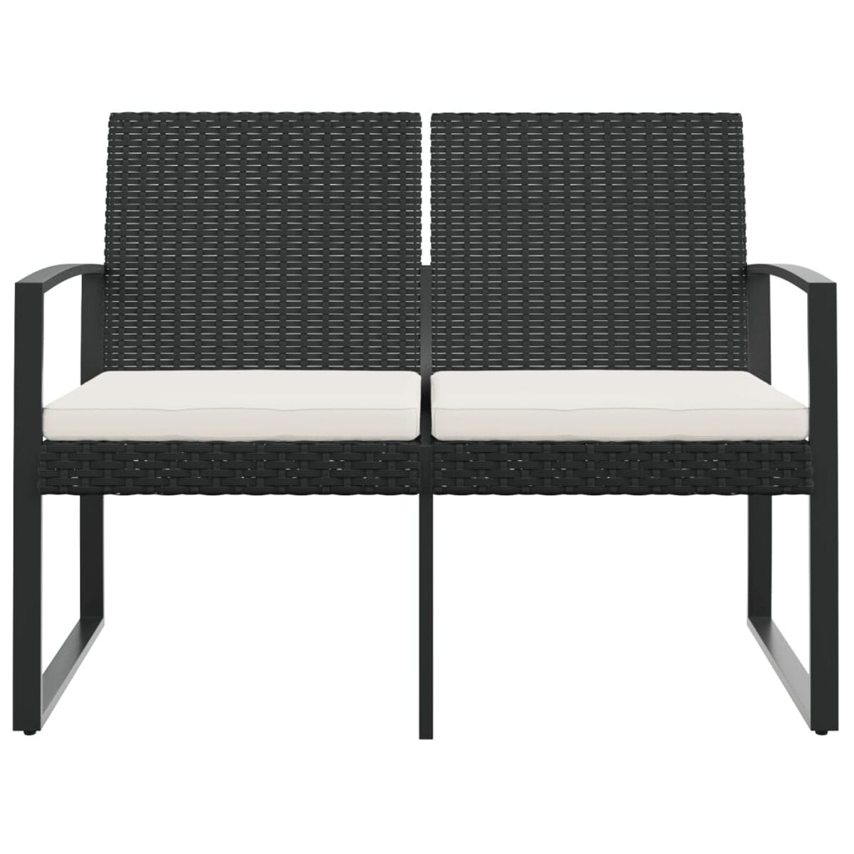 Schwarzes Zweisitzer-Sofa aus Korbgeflecht mit weißen Kissen. Schwarzes Metallgestell.