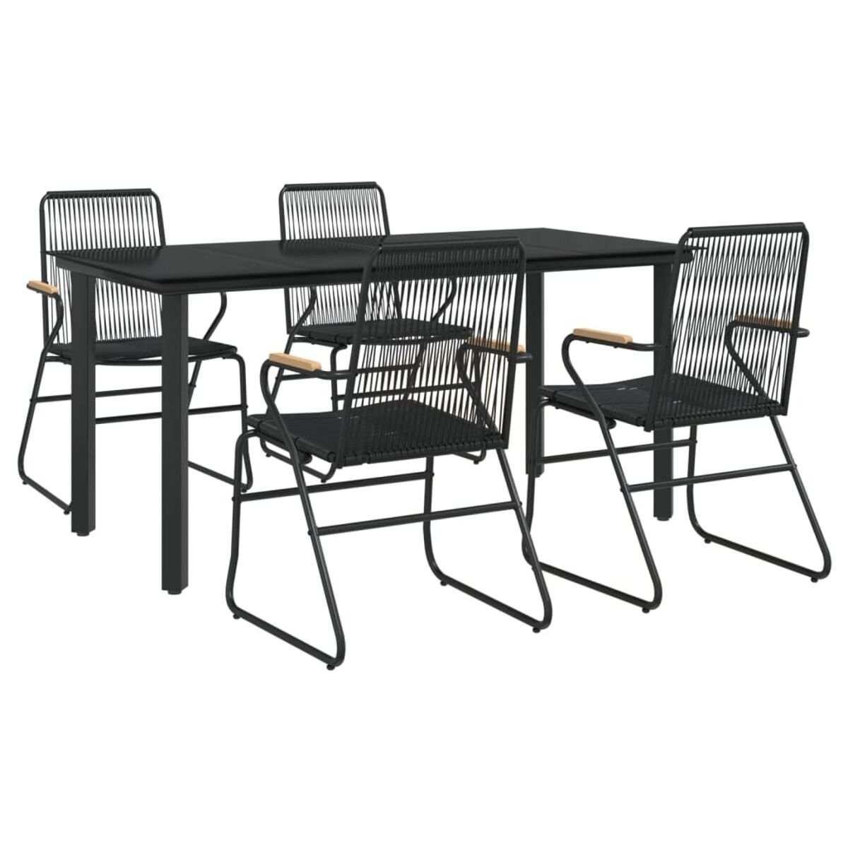 Schwarzes Ess-Set für den Außenbereich mit rechteckigem Tisch und vier Stühlen, Holzarmlehnen.