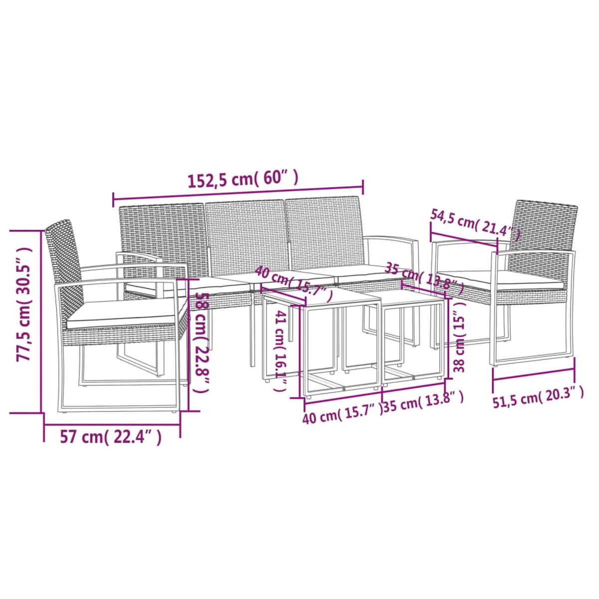 Gartenmöbel-Set mit Abmessungen, einschließlich Sofa, Stühlen und Couchtisch.
