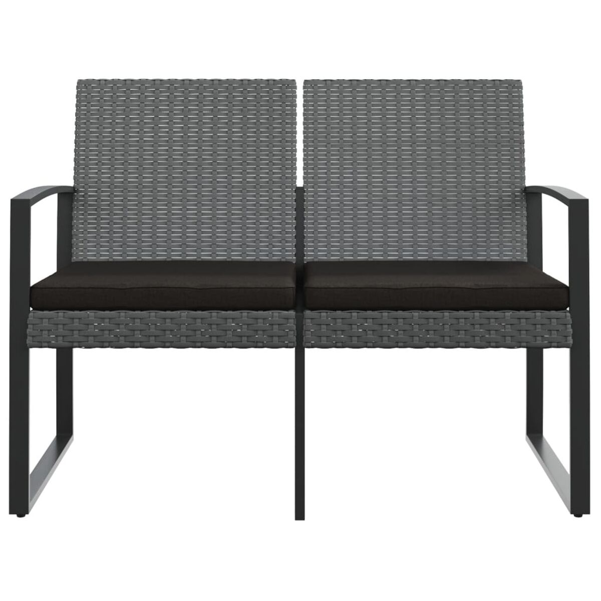 Graues 2-Sitzer-Outdoor-Sofa mit schwarzen Kissen auf weißem Hintergrund.