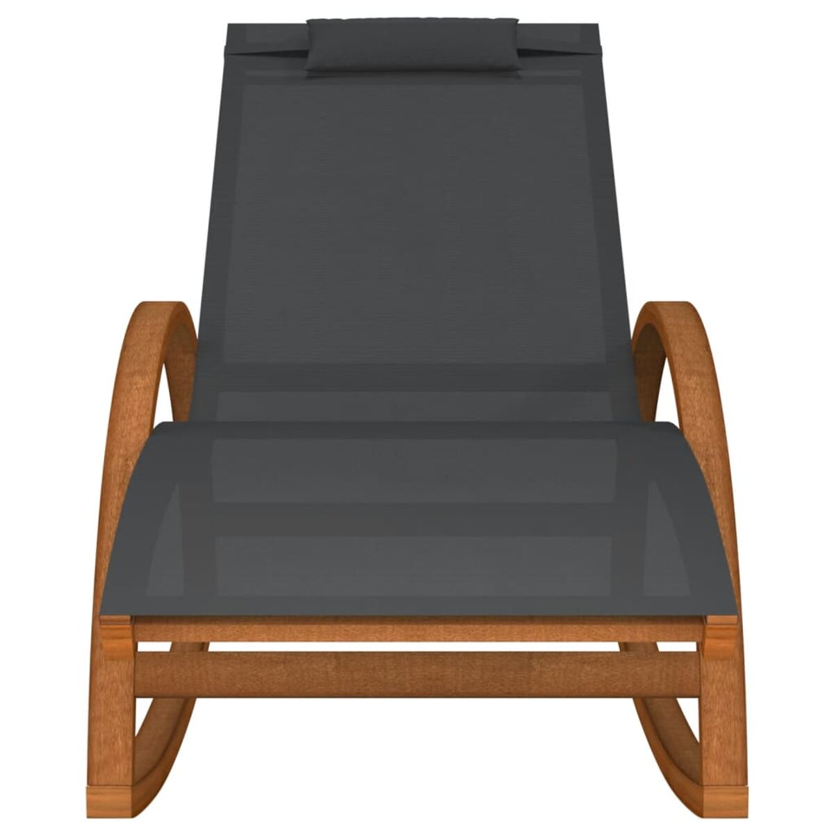 Schaukel-Chaiselongue aus Holz mit dunkelgrauem Stoffbezug und Kopfstütze.