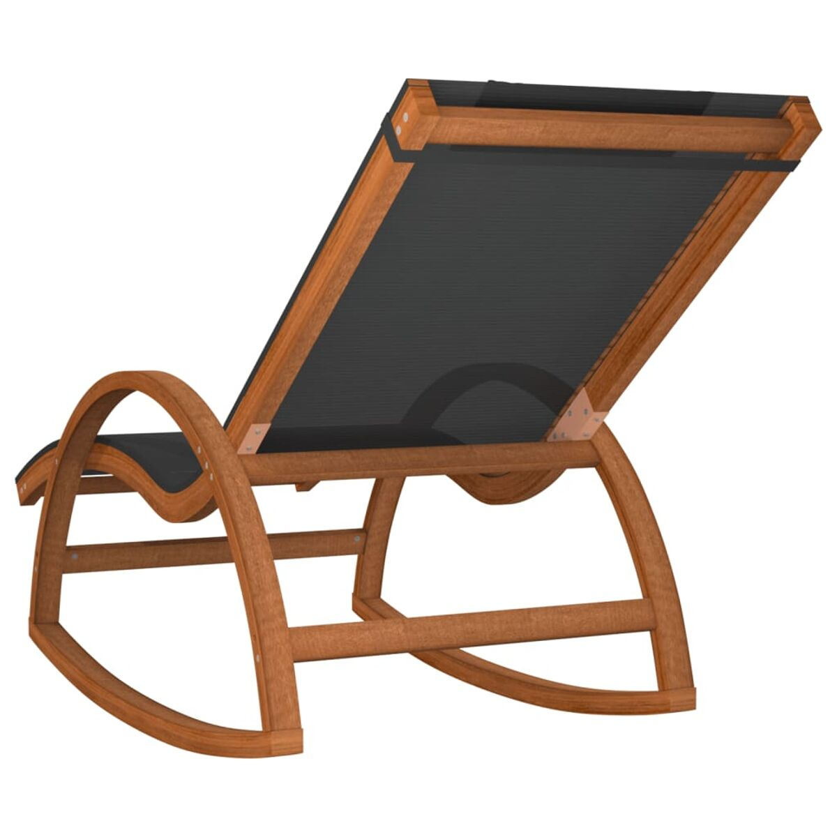 Schaukelstuhl aus Holz mit Sitzfläche und Rückenlehne aus schwarzem Stoff.