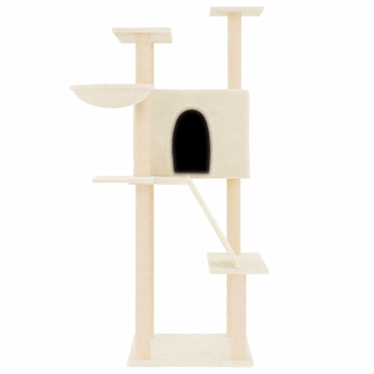 Beiger Katzenbaum mit Höhle und mehreren Plattformen. Weißer Hintergrund.