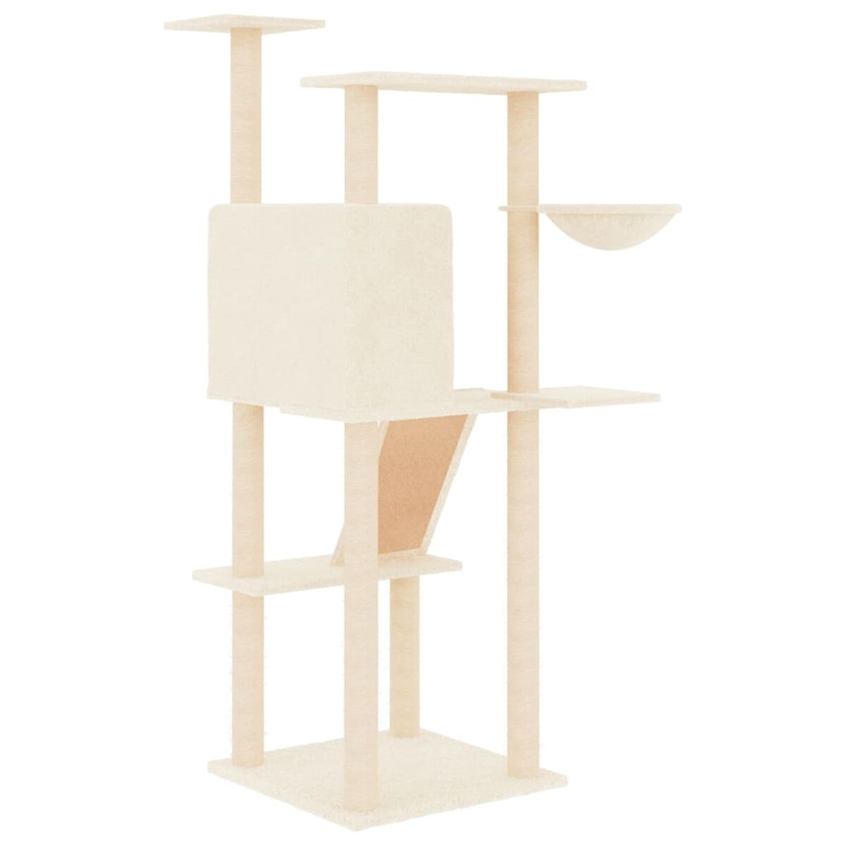 Ein beiger Katzenbaum mit mehreren Plattformen, einem Würfel und einem schalenförmigen Bett.