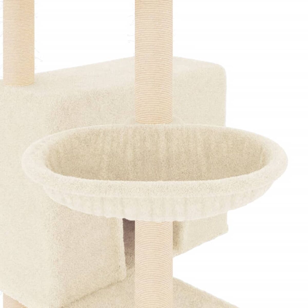 Nahaufnahme eines katzenförmigen Bettes und der tragenden Struktur, beige.