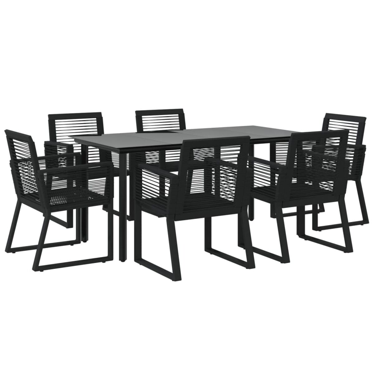 Ein schwarzes Ess-Set für den Außenbereich mit sechs Stühlen und einem rechteckigen Tisch.