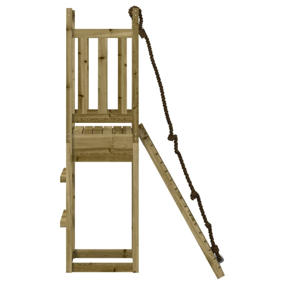 Holzspielplatzstruktur mit Leiter und Kletterwand. Braune Strickleiter.