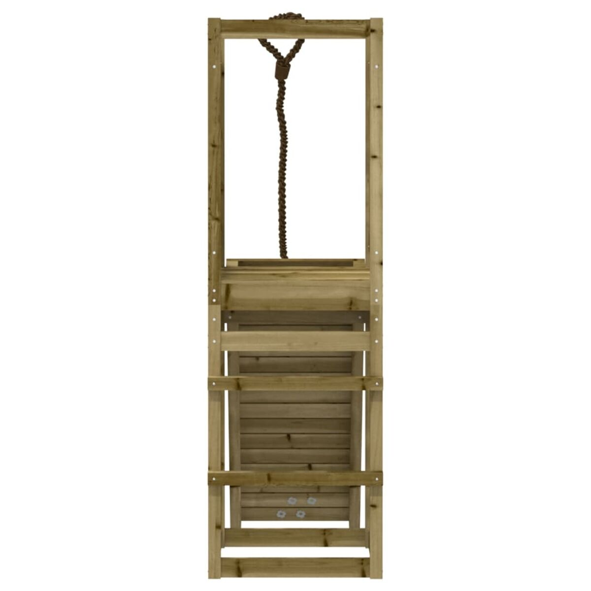 Ein Holzschaukelgerüst mit Seil, von vorne gesehen, auf neutralem Hintergrund.