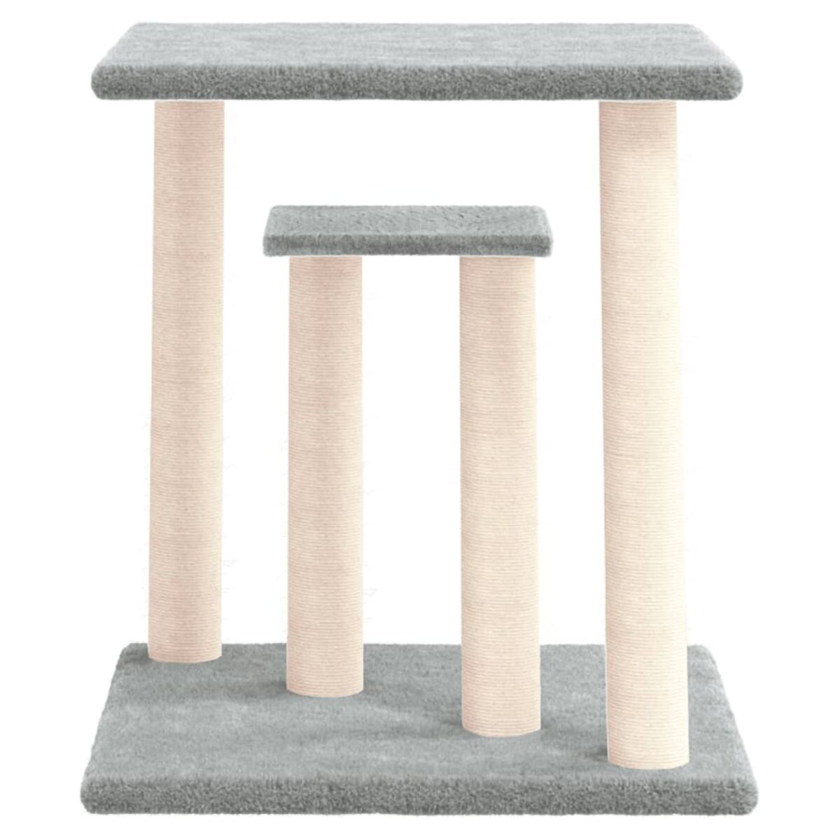 Katzenbaum mit drei Pfosten und zwei Plattformen auf grauem Sockel.