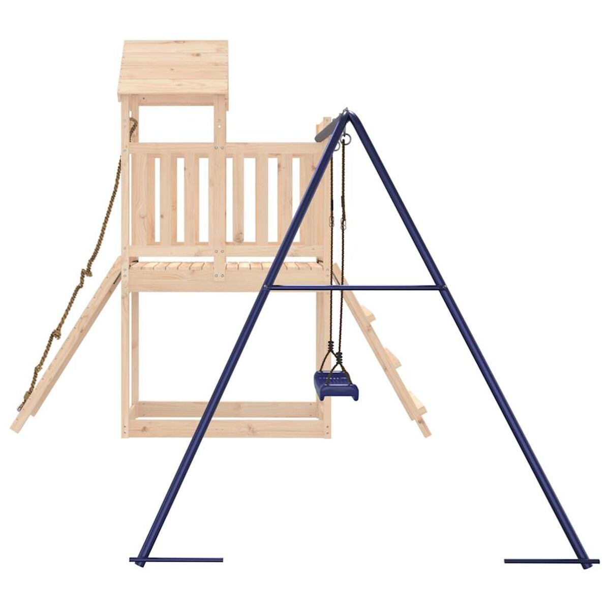 Spielstruktur aus Holz mit Dach, Leiter und Schaukeln. Der Rahmen ist blau, vor weißem Hintergrund.