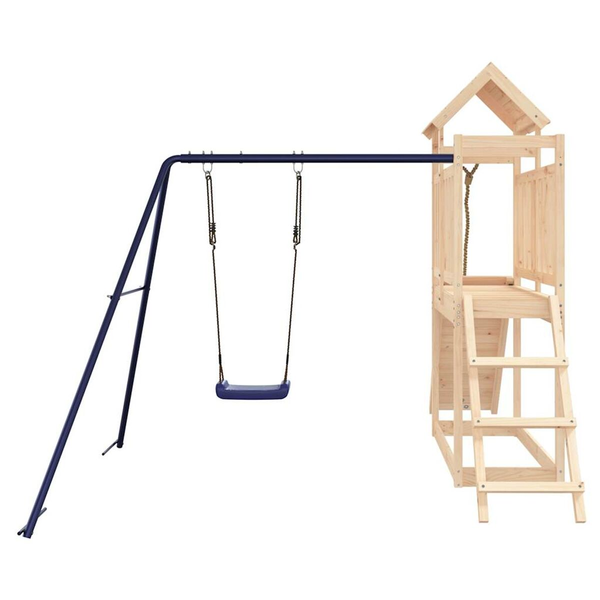 Holzschaukel mit Schaukel und Spielhaus. Dunkelblauer Rahmen und helle Holzkonstruktion.