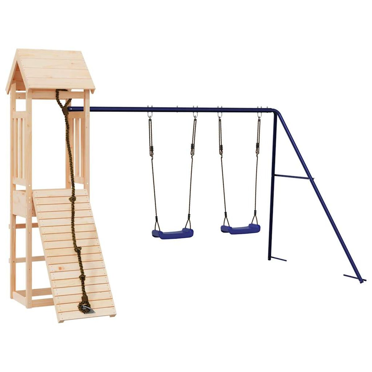 Spielplatz aus Holz mit Kletterwand, Rutsche und Schaukeln. Er hat ein Holzdach.