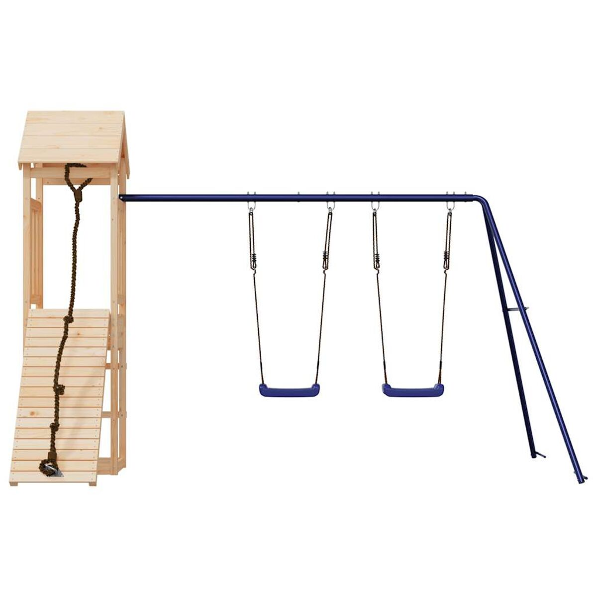 Ein Holzspielplatz mit blauem Rahmen mit zwei Schaukeln, einer Leiter, einer Rutsche und einem kleinen Haus oben.