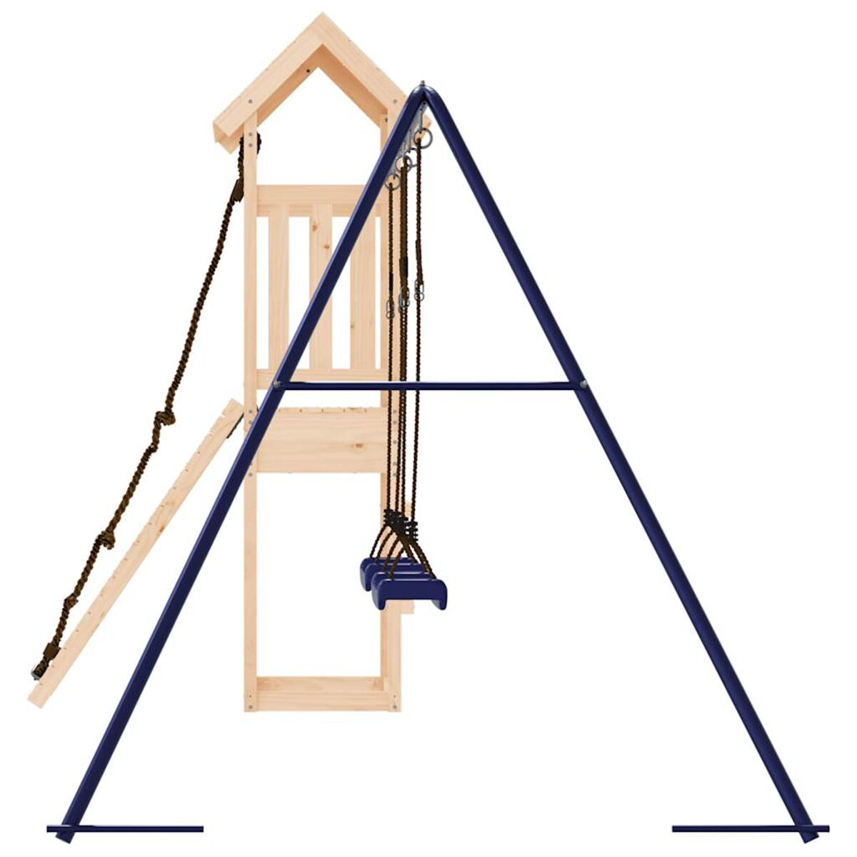 Ein blaues Metall-Schaukelgerüst mit einem Holzspielhaus und einer Leiter. Schaukeln hängen daran.