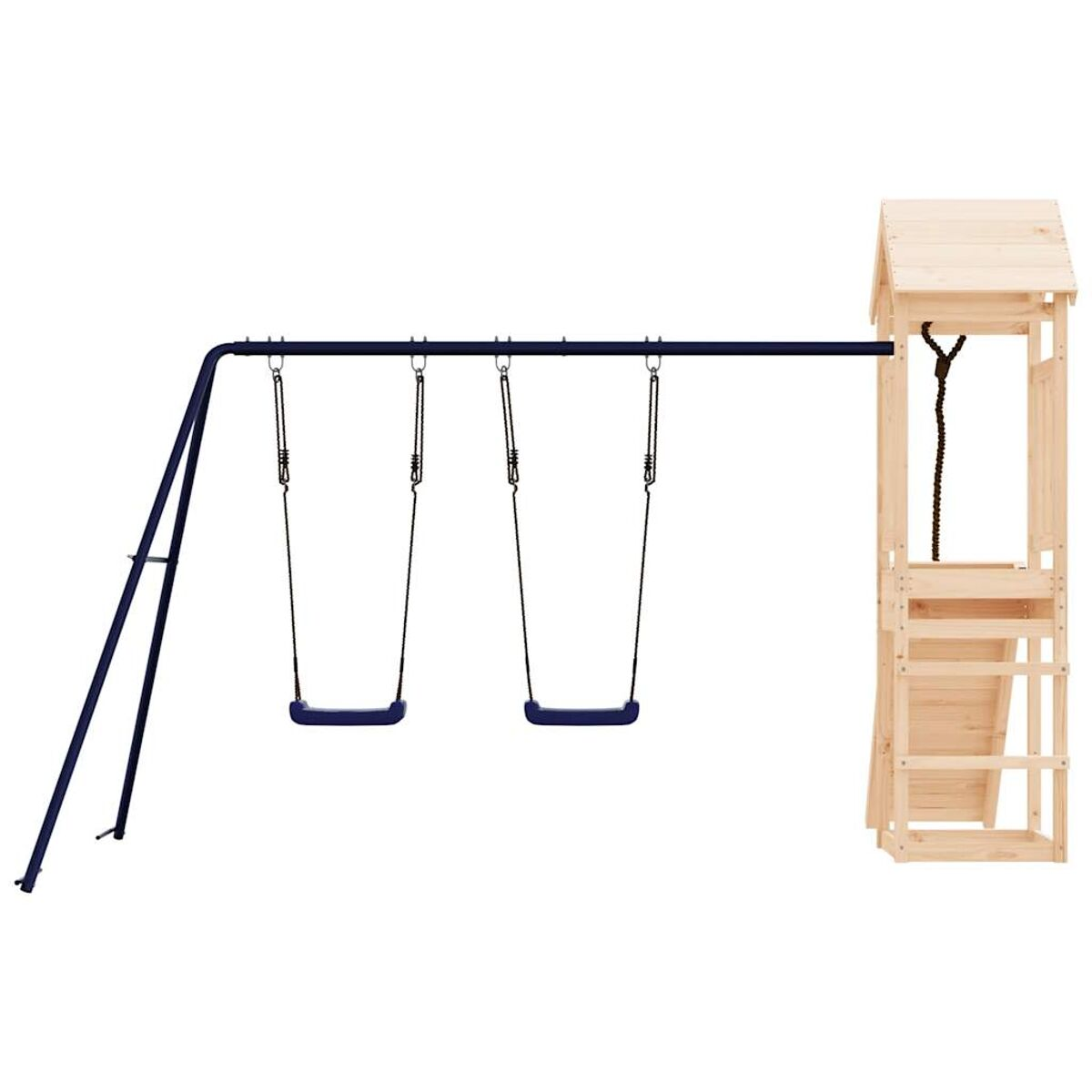 Kinderschaukel. Blaue Schaukeln, Holzspielhaus. Dunkelblauer Rahmen. Helle Holzkonstruktion. Isolierter weißer Hintergrund.