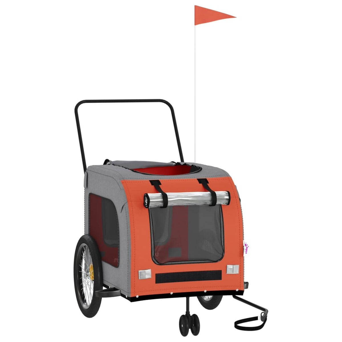Orange-grauer Haustieranhänger mit Flagge und schwarzem Griff, freigestellt.